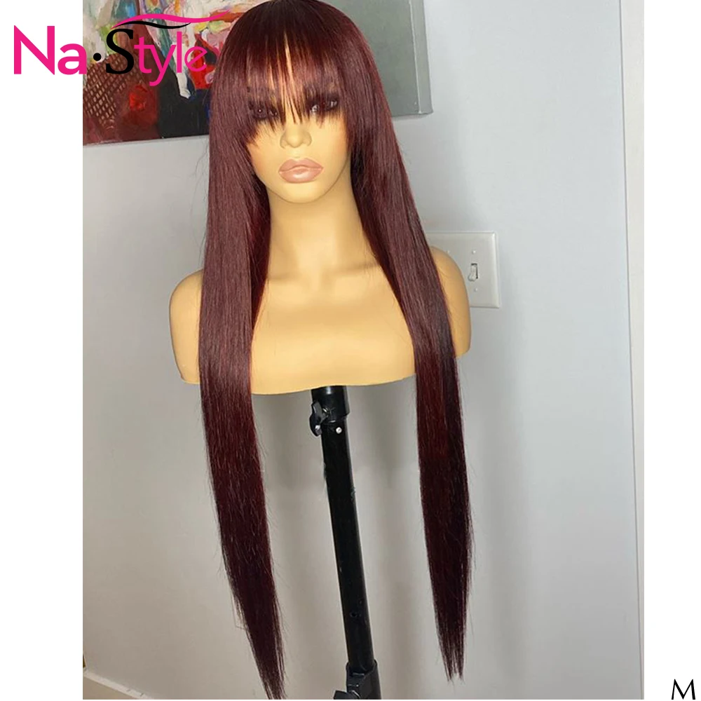 99j Colored Burgundy Lace Front Wig Preplucked 13X6 Human Hair Wigs With Bangs 150 Indian For Black Women Remy | Шиньоны и парики