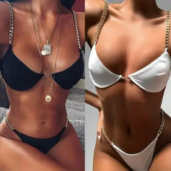 

NEW Summer Women Sexy Bikini Set Triangle Bra G-string Push Up Padded Chain Strap Beach Holiday Swimwear