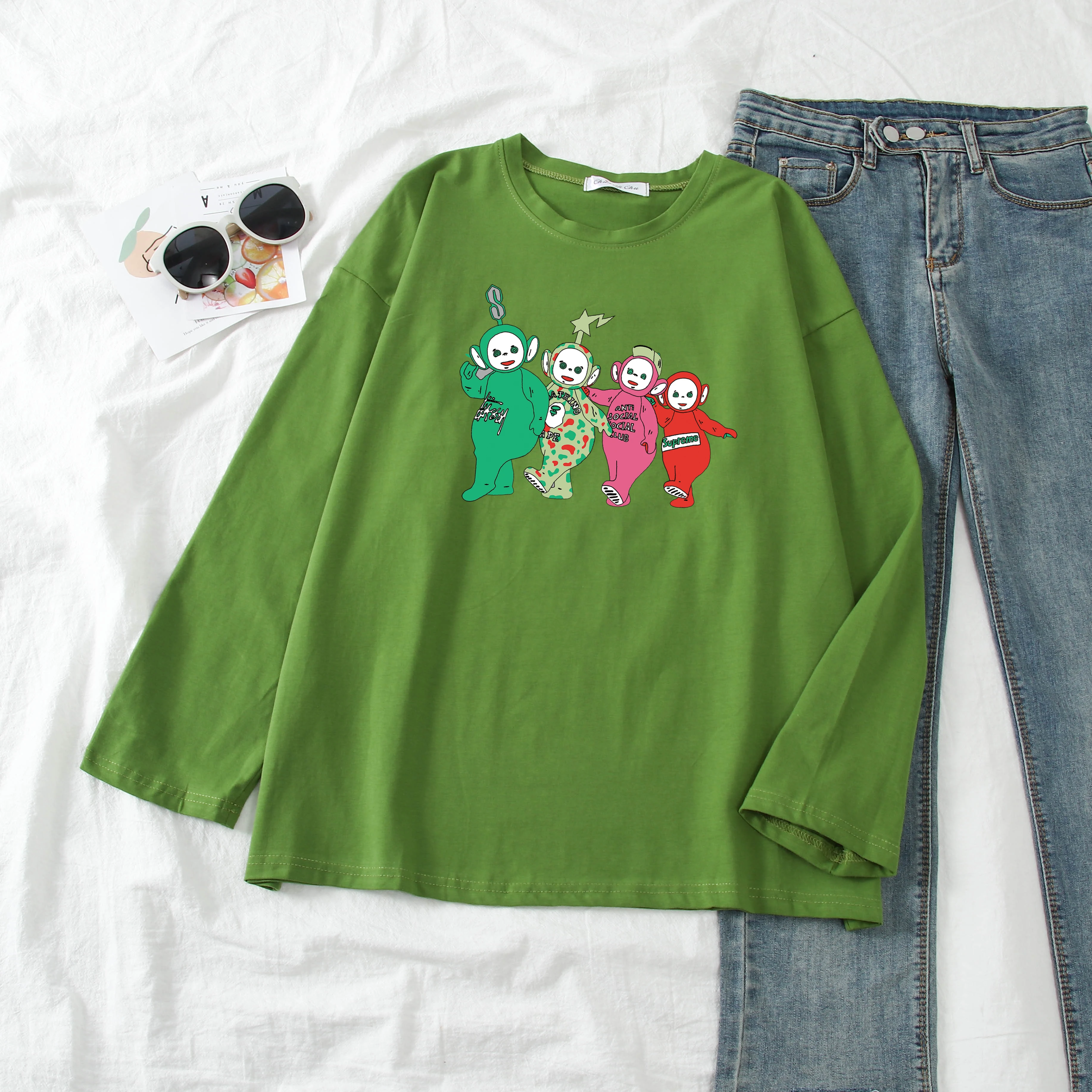 Женская забавная футболка с телепузиками, летняя, осенняя, полностью хлопковая, с принтом, Harajuku, Корейская одежда, camiseta mujer, футболка, femme, Топ