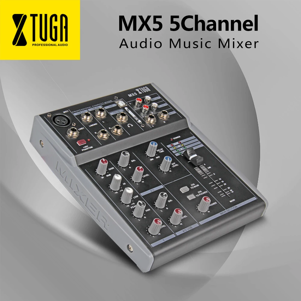 XTUGA MX5 5 Каналы 3-полосный аудио музыкальный микшер микшерный пульт с USB XLR линии Вход 48В Мощность для Запись для ди-Джея свет для сцены парти