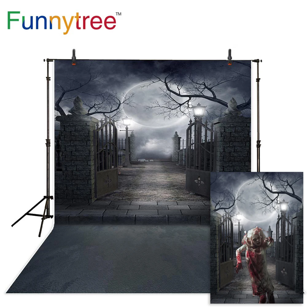 

Funnytree photocall backrop Garden gate Branch Dark night terror Round moon Halloween photography background shoot prop portrait