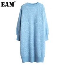 [EAM] женское разноцветное синее вязаное платье большого размера, новинка, круглый вырез, длинный рукав, свободный крой, мода, весна-осень 19A-a32