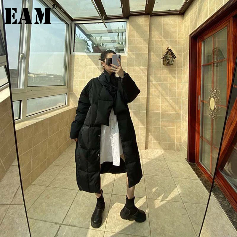 

[EAM] Loose Fit With Scarf Big Size Down Jacket New Hooded Long Sleeve Warm Women Parkas Fashion Autumn Winter 2020 19A-a271