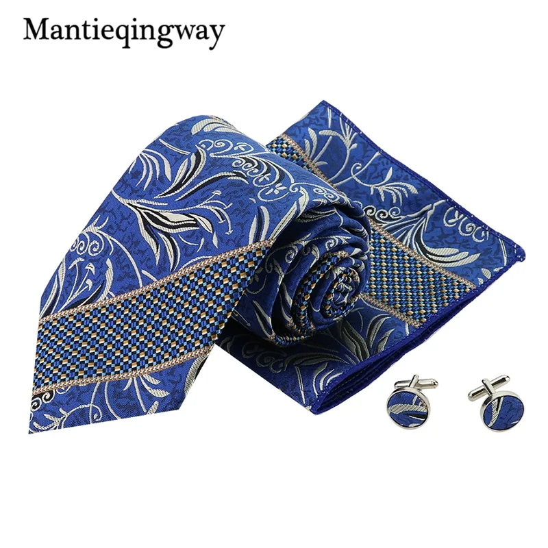 Mantieqingway 20 цветов плед печатных шеи галстуки карманные Квадратные запонки набор для мужчин формальный брак носовой платок из полиэстера+ галстук