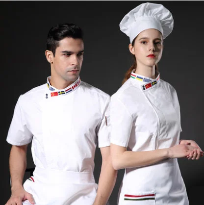 white top Высококачественная черно-белая M-4XL,, женская и мужская куртка с коротким рукавом, косой вышивкой, воротником, кухни, гостиницы, шеф-повара, форма для выпечки - Цвет: white top