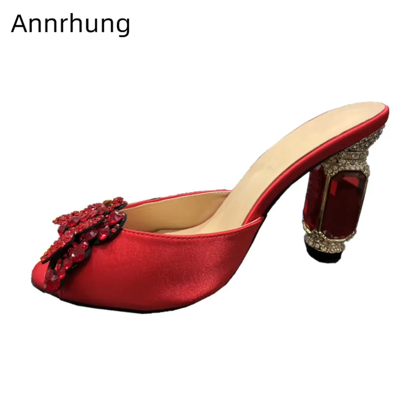 

Square Glass Heel Shoes Rhinestone Butterfly Slippers Peep Toe High Heels Runway Slides Customized Color Satin Slippers Women