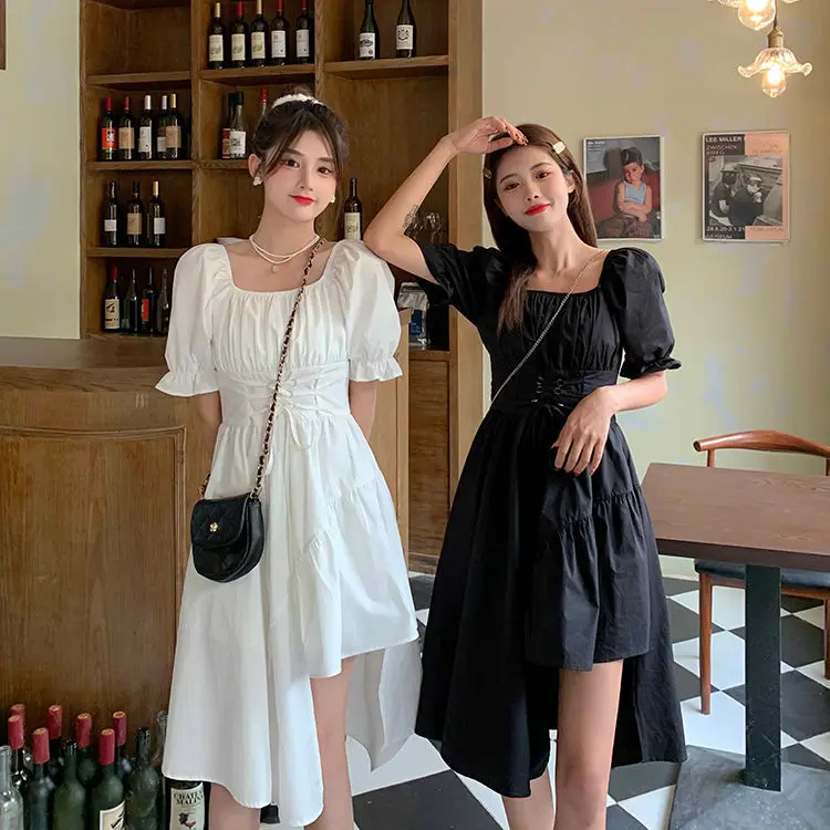 Dress Women Streetwear Chic Designers Short Sleeve High-waist Belt Solid Square Collar Students Leisure Friends Vestdios Female black dress