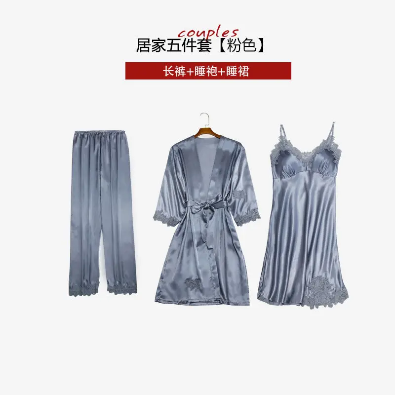 gray C Женские пижамы, 5 шт., атласные пижамные комплекты одежда для сна, шелковая Домашняя одежда с вышивкой, пижама с кружевами и нагрудники - Цвет: gray C
