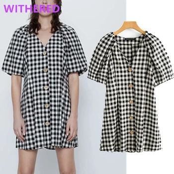 

Withered summer dress women england vintage pladi cotton linen single breasted vestidos de fiesta de noche vestido mini dress