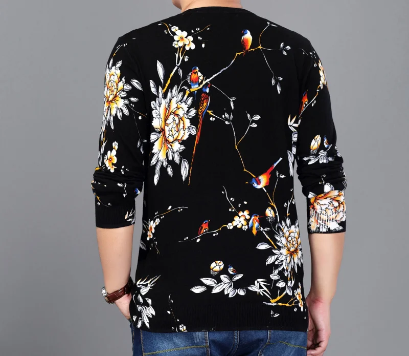 Bloemen Vogel Gedrukt Trui Мужская мода Trui Erkek Kazak Sueter Hombre Slim Fit Pull Homme Heren Chompas Hombre
