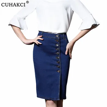 

CUHAKCI Office Work Button A-Line Denim Skirt Plus Size 5XL 6XL Sexy Denim Skirts Women Vintage Ripped Women Slim Jeans Skirt