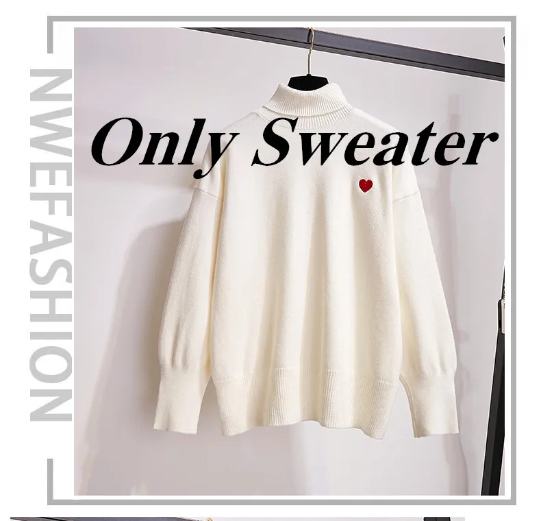 Вязаный короткий пуловер с вышивкой в виде сердечек топы и юбки комплект из 2 предметов, Осень-зима, свитер с однобортной мини-юбкой, комплект - Цвет: Only Sweater