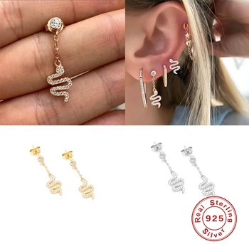 

Fine Jewelry 925 Sterling Silver Stud Earrings For Women aretes de mujer Snake Zircon Pierced Earring Pendientes Couple Gift