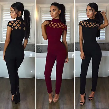 

Fashion Women Jumpsuit Ladies Bodycon Slim Skinny Solid Cotton Blend Short Sleeve Romper Jumpsuit Club Mesh Long Pants