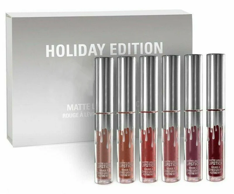 

6Pcs Silver Matte Liquid Lipgloss Kit Same As Kyliejenner Holiday Edition Waterproof Makeup Lip Gloss Long-lasting Lipstick Kit