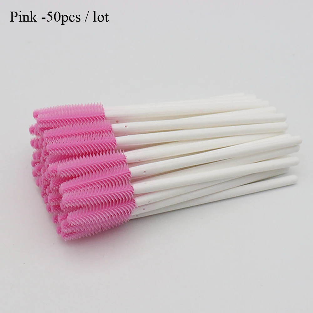 50 шт. белая палочка для макияжа щеточки одноразовые пластиковые ручки для бровей аппликатор кисти для бровей силиконовые наборы для наращивания ресниц - Handle Color: Pink