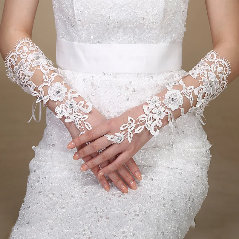 

New Style Korean Style Bride Gloves Hook Refers to Medium-length Bandage Cloth Water Soluble Flower Stick Drill S079 Off-white G