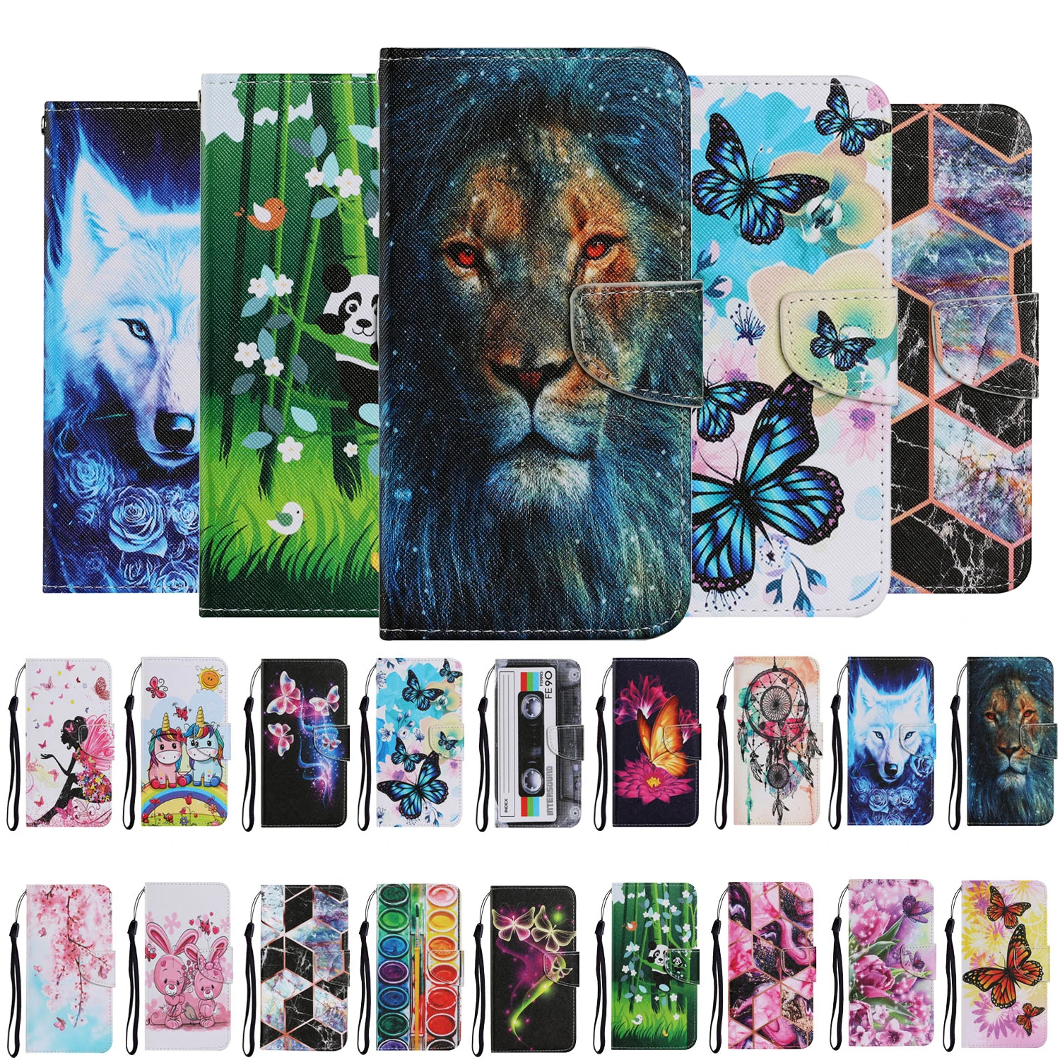 Leather Case For iPhone 6 6S 7 8 Plus 11 12 Pro X XS XR Max SE 2020 Butterfly Animal Painted Book Stand Flip Leather Phone Cover case for iphone 7