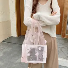 

DIY Handbag Foldable Top-Handle Bags Embroidery Floral Mesh Shopping Tote Bag Organza Sweet Casual Tote Transparent Lace Organza