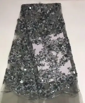 

Luxury gray Sequins Lace Fabrics French Lace Fabric with Sequins High Quality African Tulle Mesh Lace for Wedding Party FFD-1017