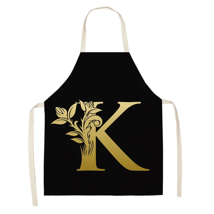 Customized Letter Apron Black Golden Flower Kitchen Aprons for Women Cotton Linen Bibs Household Cleaning Pinafore Home Cooking