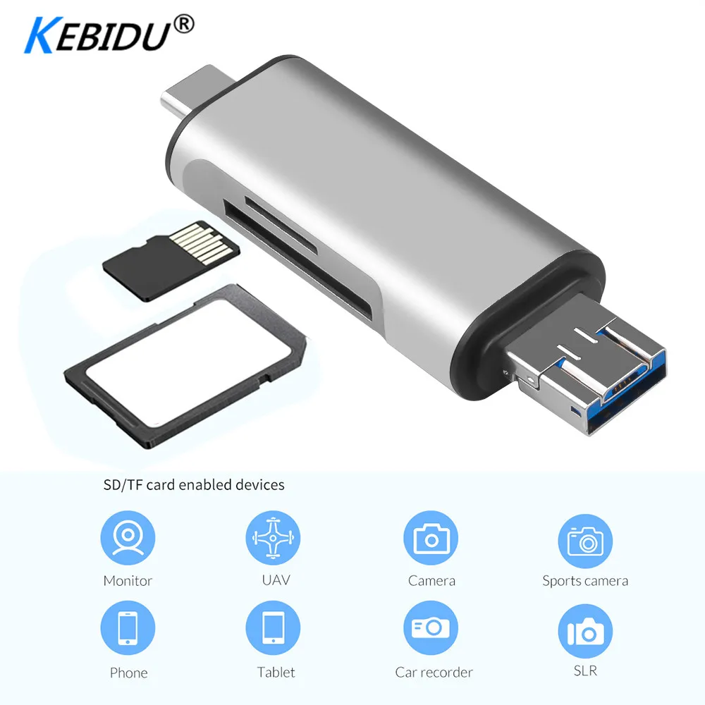 Kebidu Портативный 3 в 1 OTG Тип C устройство для чтения карт USB 3,0 USB Micro USB Combo 2 слота TF карты памяти SD для смартфонов PC быстро