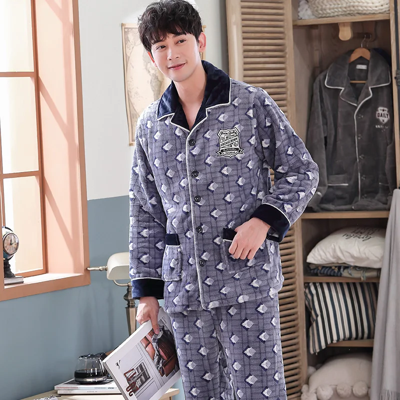 ER614 plus size M-4XL flannel pajama sets for men winter thick keep warm pajamas long sleeve pyjama male homewear pijamas hombre - Цвет: ER614
