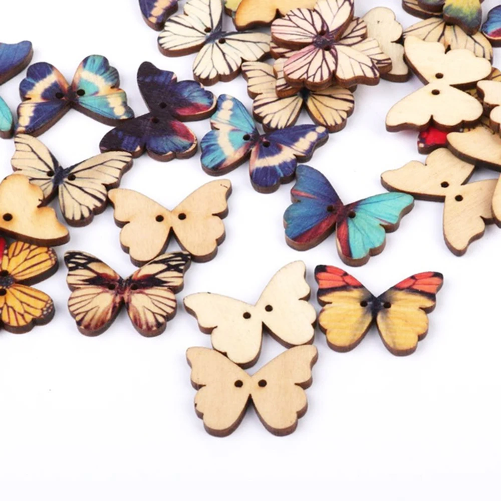50pcs Butterfly Wooden Buttons 28mm 2Hole Buttons Mixed Color Decorative Buttons for Clothing Crafts DIY Decoration Accessories