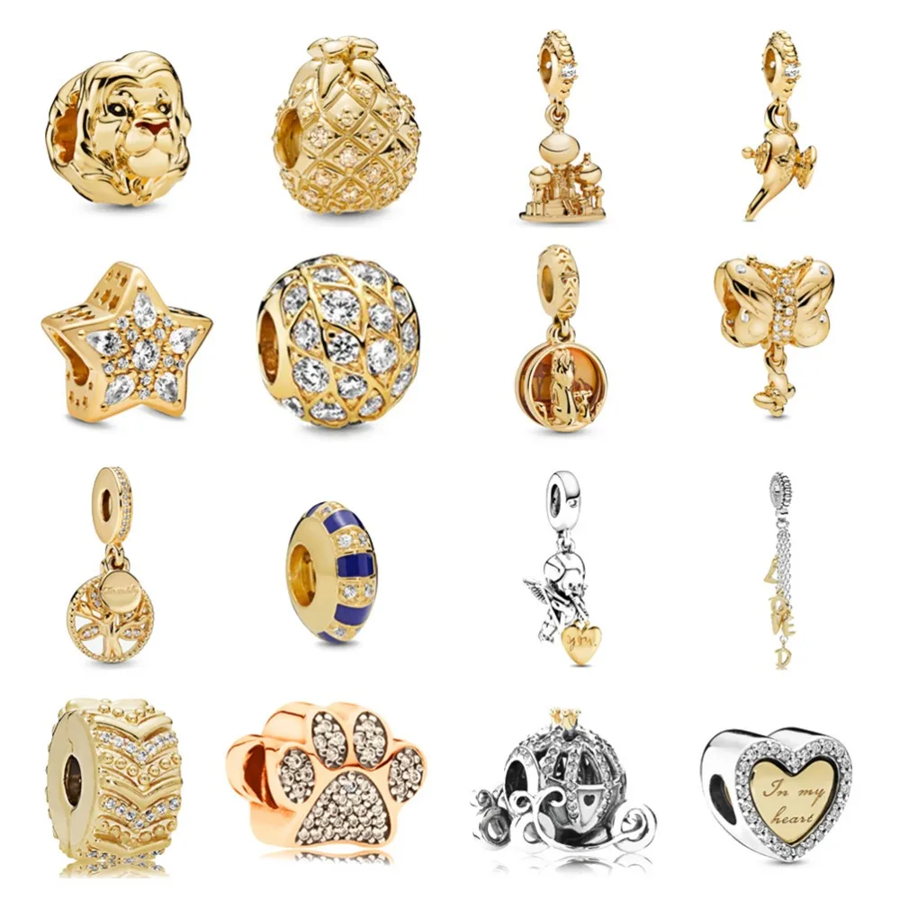 Самодельный Золотой шарм, браслет Pandora, бусины, 925 пробы, серебро, любовь, подвеска, тыква, автомобиль, небесная звезда, дерево из бисера