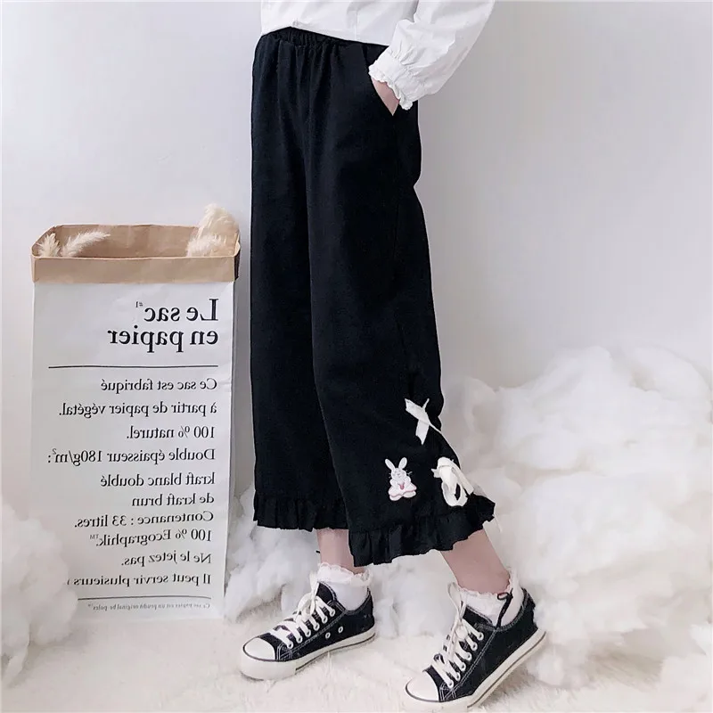 Женские милые брюки; сезон весна-осень; японский Кролик; вышивка; завязанные шаровары; эластичная резинка на талии; повседневные свободные женские брюки в Корейском стиле