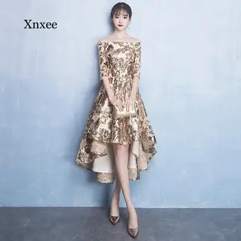 

Golden banquet party dress new elegant front short back long section word shoulder party dress female Vestido de novia