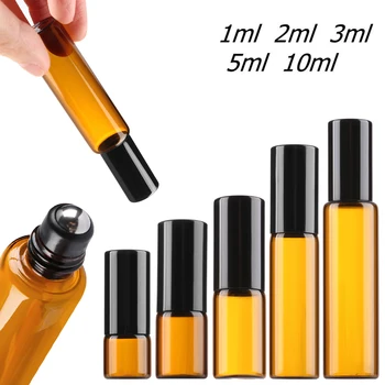 

Hot Sale 1/5Pcs Amber Thin Glass Roll on Bottle Sample Test Essential Oil Vials with Roller Metal /Glass Ball 1/2/3/5/10ml