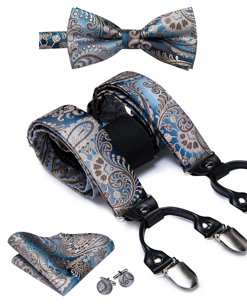 Hi-Tie Msg me de kleur Silk Mens Jarretelle Goud Solid Floral Paisley Braces Bow Tie Hanky Manchetknopen Set Clip-On Accessoires Riemen & bretels Bretels 
