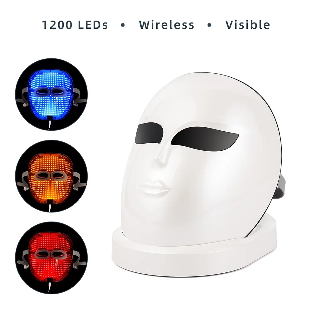 1200 LED Lights Rechargable 3 Colors Photon Therapy Face Mask Skin Rejuvenation Anti-Wrinkle Anti-Acne Wireless Facial Mask