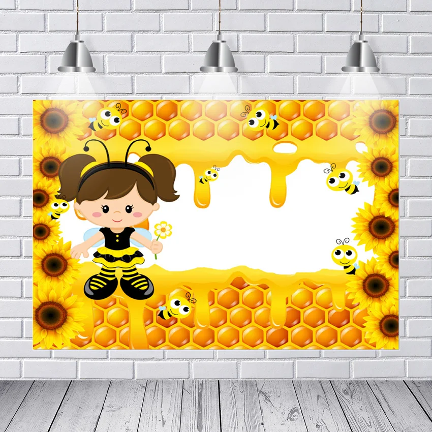 

Photography Backdrops Yellow Sunflowers Cute Bee Honey Baby Shower Party Custom Photo Backdrop Background Vinyl
