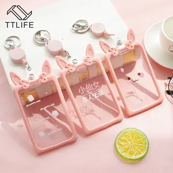 

Cute Ear Silicone Transparent Retractable Card Holder Girl Student Clear ID Card Pass Cover Keychain Women Badge Card Case New