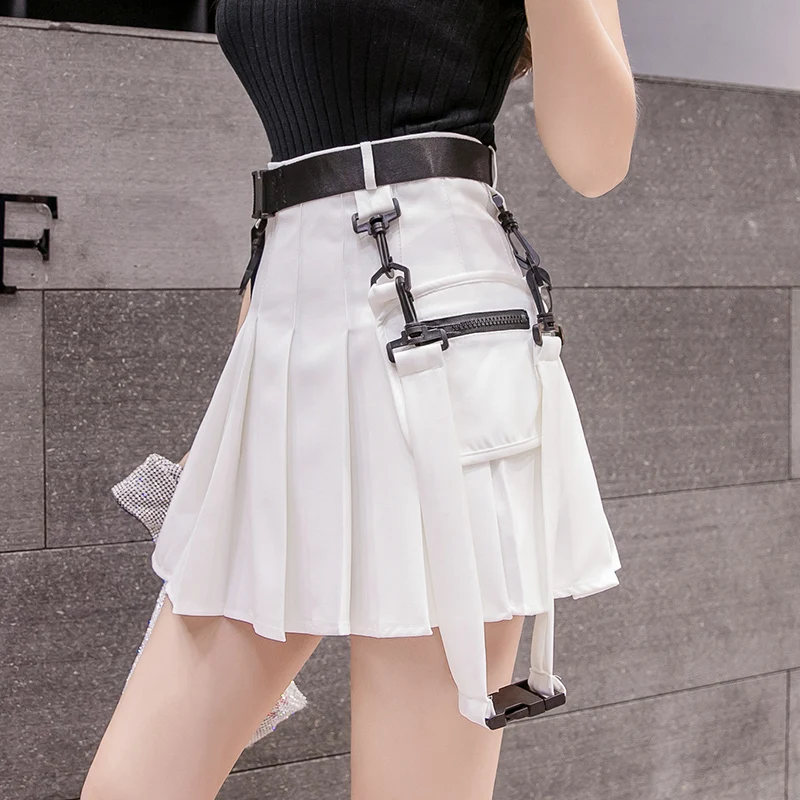 Women Skirts Sexy Gothic Harajuku Short Skirts Casual Black White Grey Sashes Fashion Pleated Skirts Punk Mini Skirt Vintage