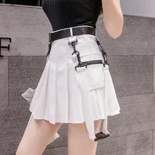 Women Skirts Sexy Gothic Harajuku Short Skirts Casual Black White Grey Sashes Fashion Pleated Skirts Punk Mini Skirt Vintage
