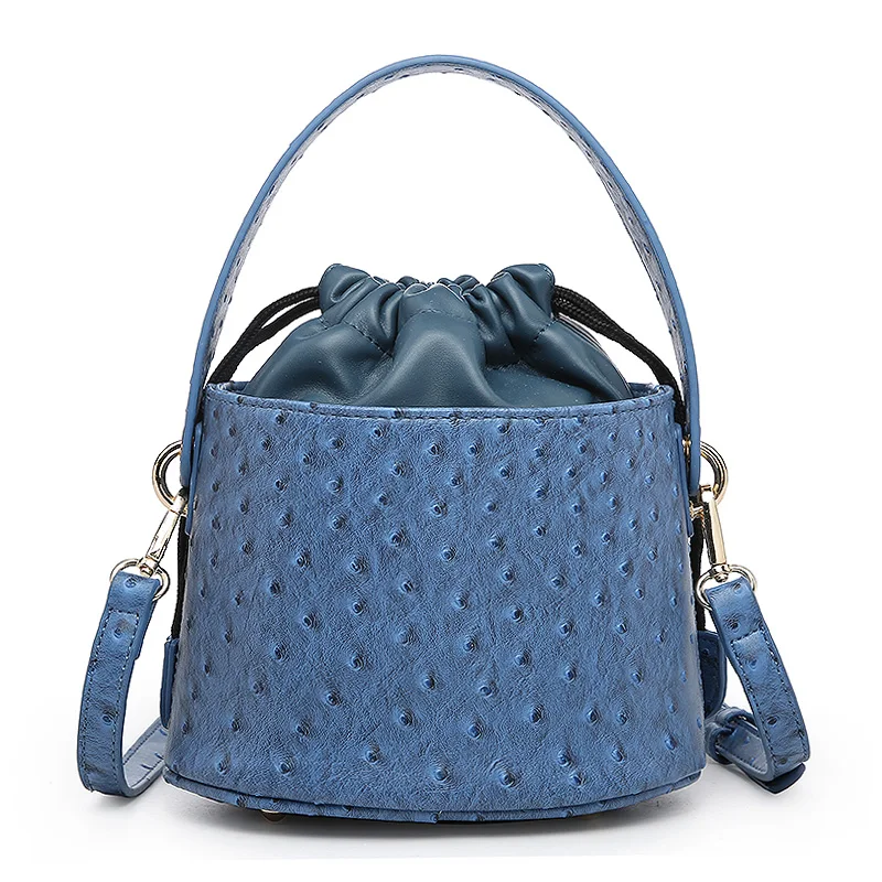 Fashion Blue Ostrich Leather Bucket Bags For Women Small Shoulder Messenger Bag Sexy Snake Cute Tote Purse