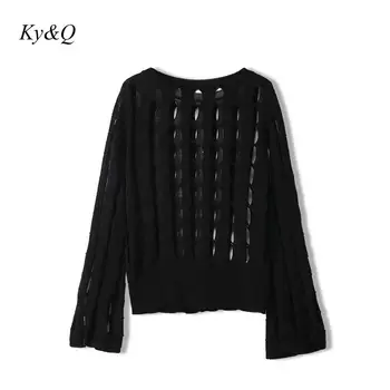

2020 Runway Brand Fashion Summer New Women's Pullover Long Sleeve Sexy Hollow O-Neck Black White Sexy Sweater Top Vestidos