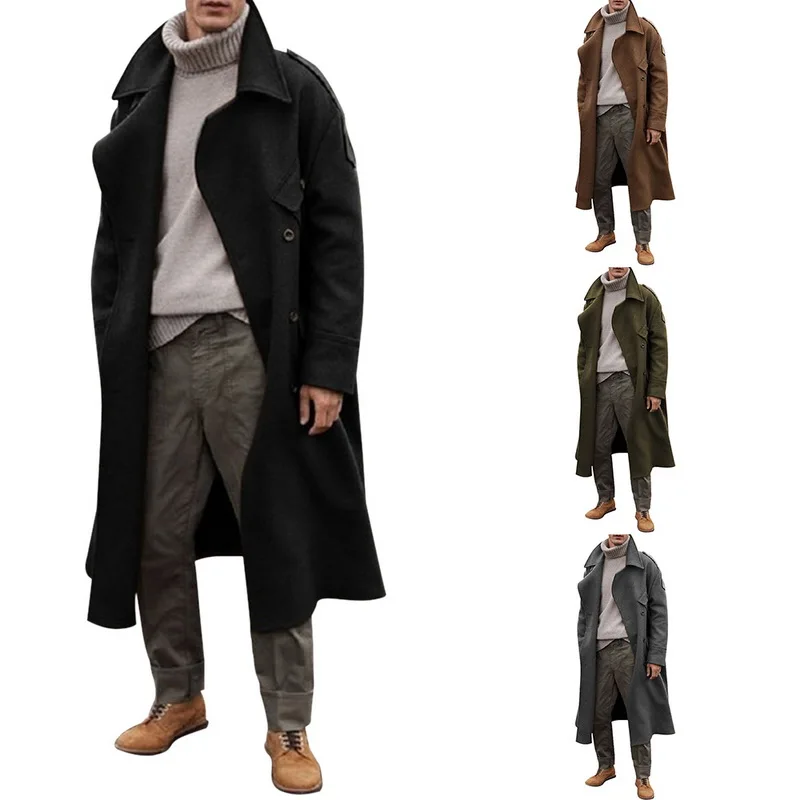 Promo New Khaki Trench Coat Men Classic Autumn Winter Long Jacket Men Casual Loose Long Coat Trench Male Overcoat Streetwear Coat