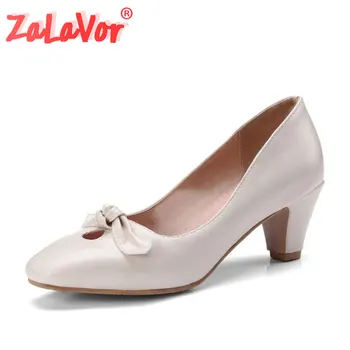 

ZALAVOR Women Sweet Pumps Bowknote Square Toe Thick Heel Leather Slip On Solid Color Girl'S Ladies Footwear Size 32-43