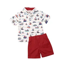 Детский деловой костюм для маленьких мальчиков, рубашка с парусником+ короткие штаны, летняя одежда, комплект одежды