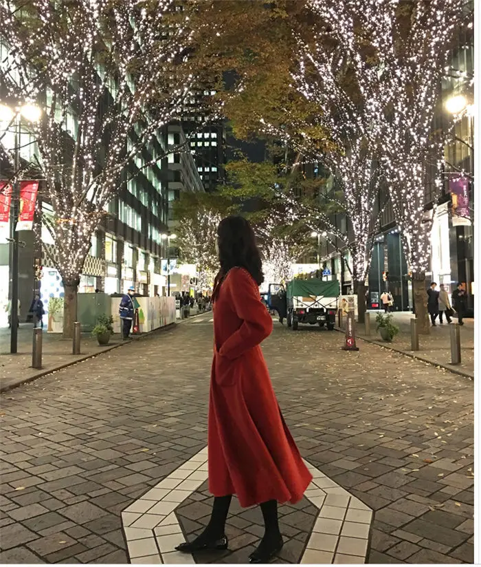 Christmas red Abrigos Mujer Осень Зима Новая модная классическая Свободная юбка Стиль шерстяное пальто воротник с бантом длинная верхняя одежда женская одежда f140 - Цвет: Christmas red