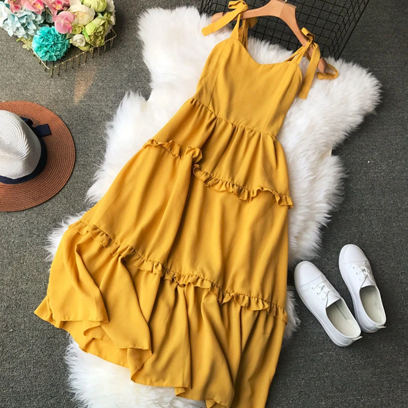 

2019 Summer Chiffon Solid Color Strapless Spaghetti Strap Dresses Vintage Slim Swing Dress Casual Tied Bow Women Long Dresses