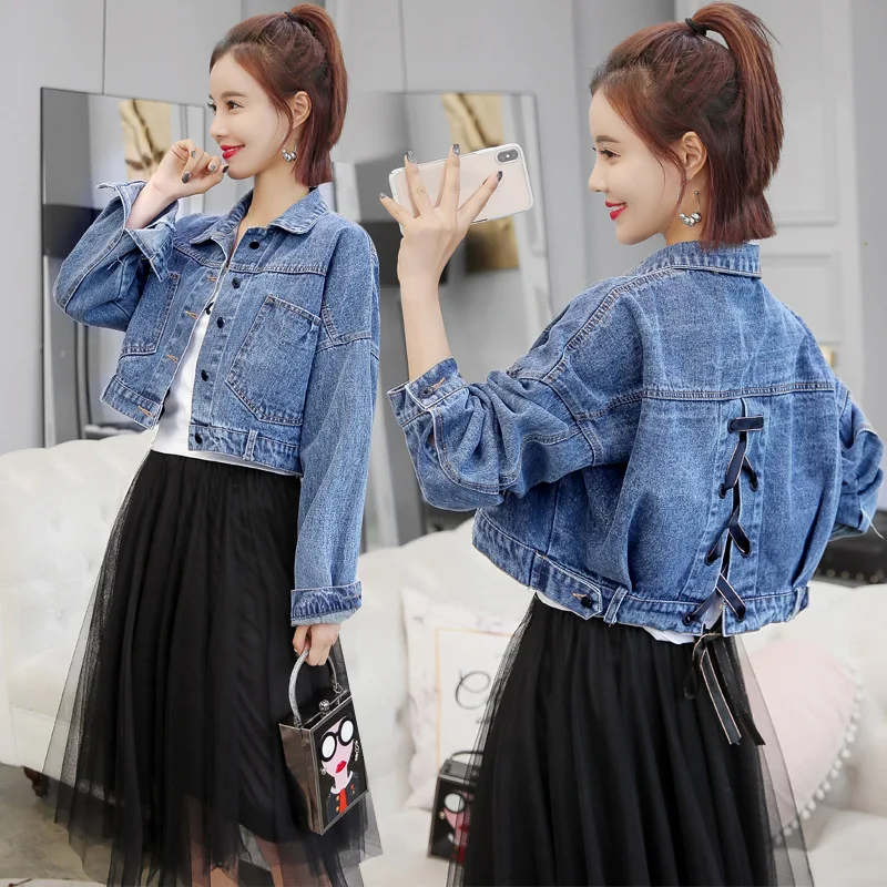 

Womens Spring Casual Lapel Short Jacket Denim Coat Lace up Strappy Sweet Outwear