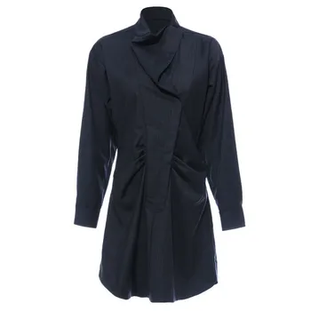 

XUXI Fashion Spring Autumn 2020 New Women Blue Plaid Pleated Temperament Shirt Dress Stand Collar Long Sleeve Loose Fit FZ0412