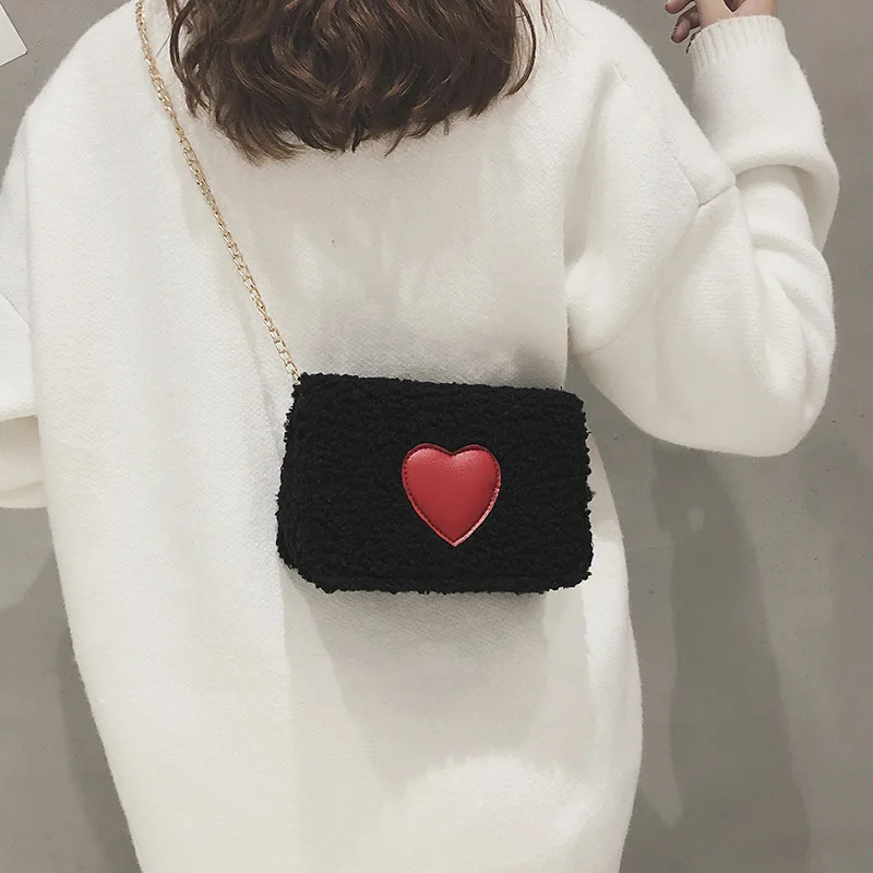

Maomao Bag Women's 2018 New Style Fashion Korean-style Simple Versatile Plush Bag with Chain Shoulder Peach Heart Square Sling B