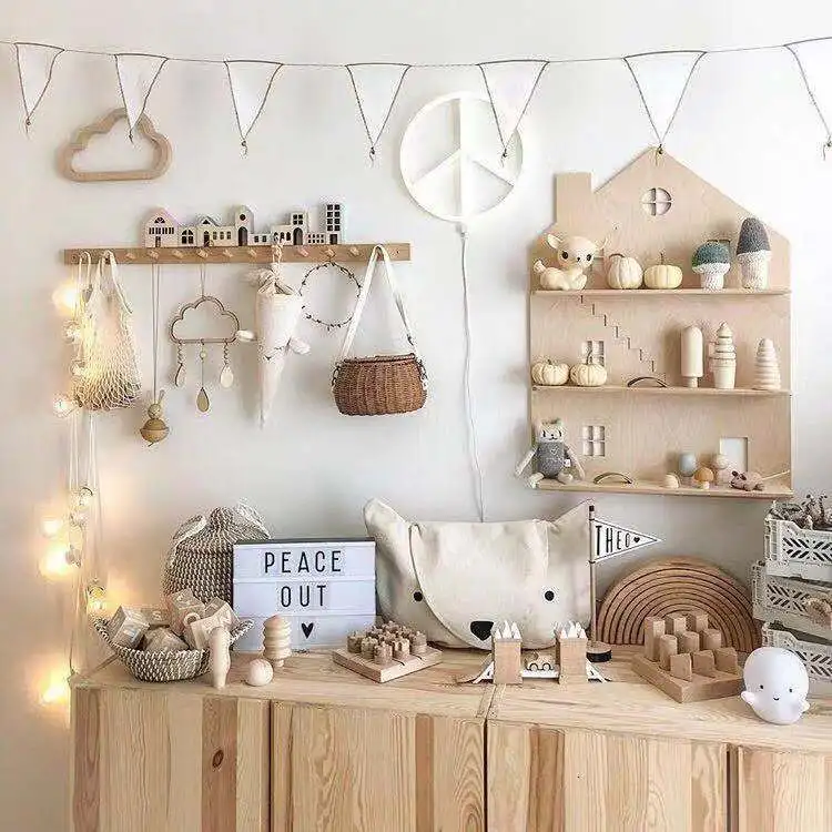 

Scandinavian Style Eco-friendly Wooden Rack House Shape Children's Play Game Room Wall Shelf For Decoration Toys Doll Storage