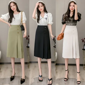 

New Spring Summer Female A-Line Button High Waist Pleated Skirts Ladies Vintage A-Line Solid Knee-Length OL Office Lady Skirt